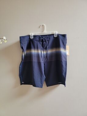 Travis Mathew Navy Swim Board Shorts with Stripe